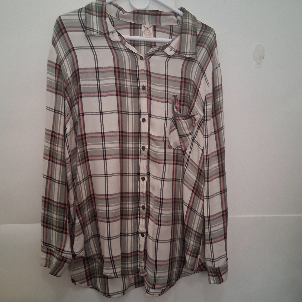Faded Glory Women's White and Green Plaid Button-Down Shirt Plus Size 20 Fit 1X